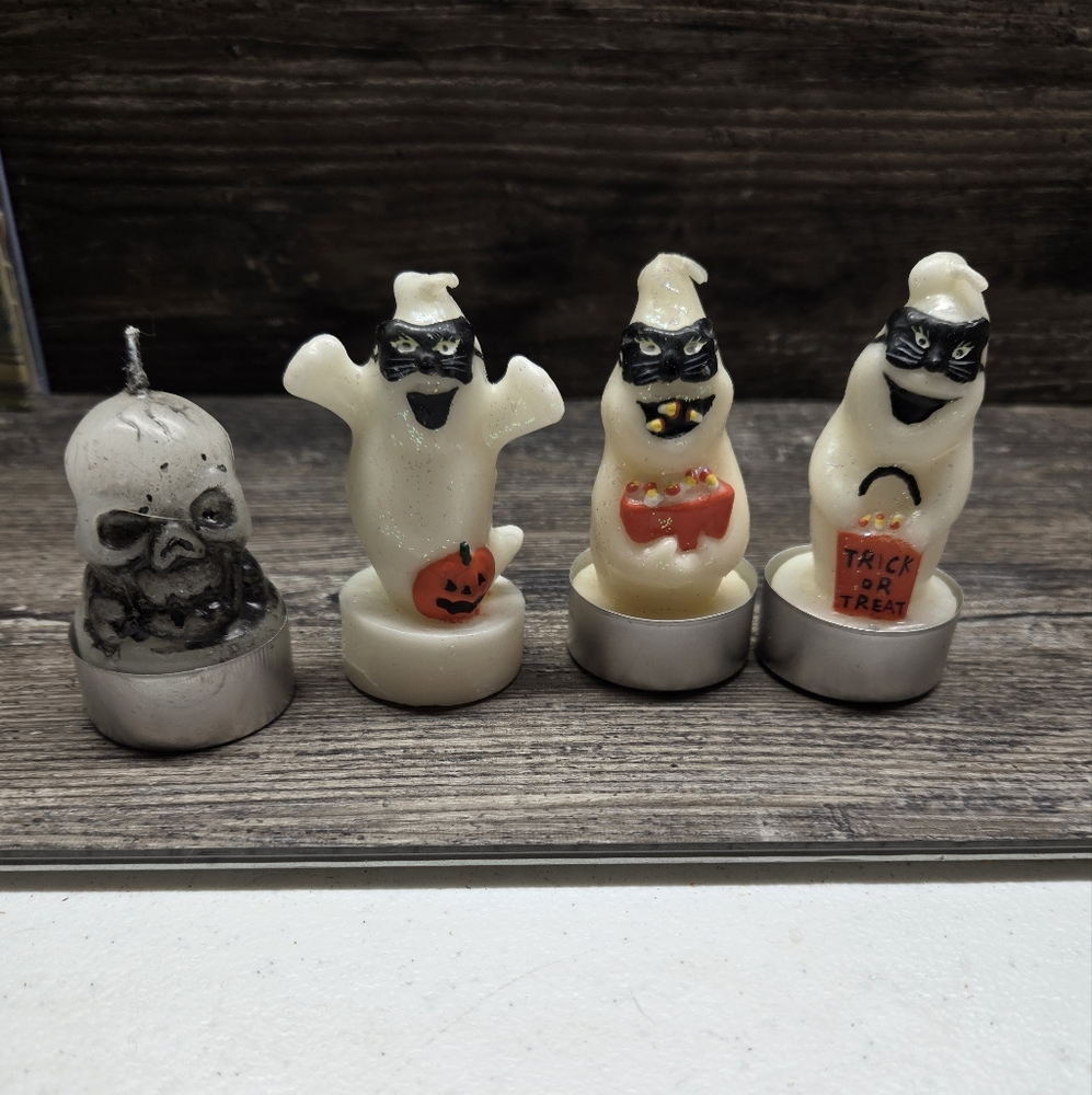 Vintage Halloween 3 Spooky Glow Candles  3 Ghost Cat Mask Candles 1 Skull‎ Lot 4